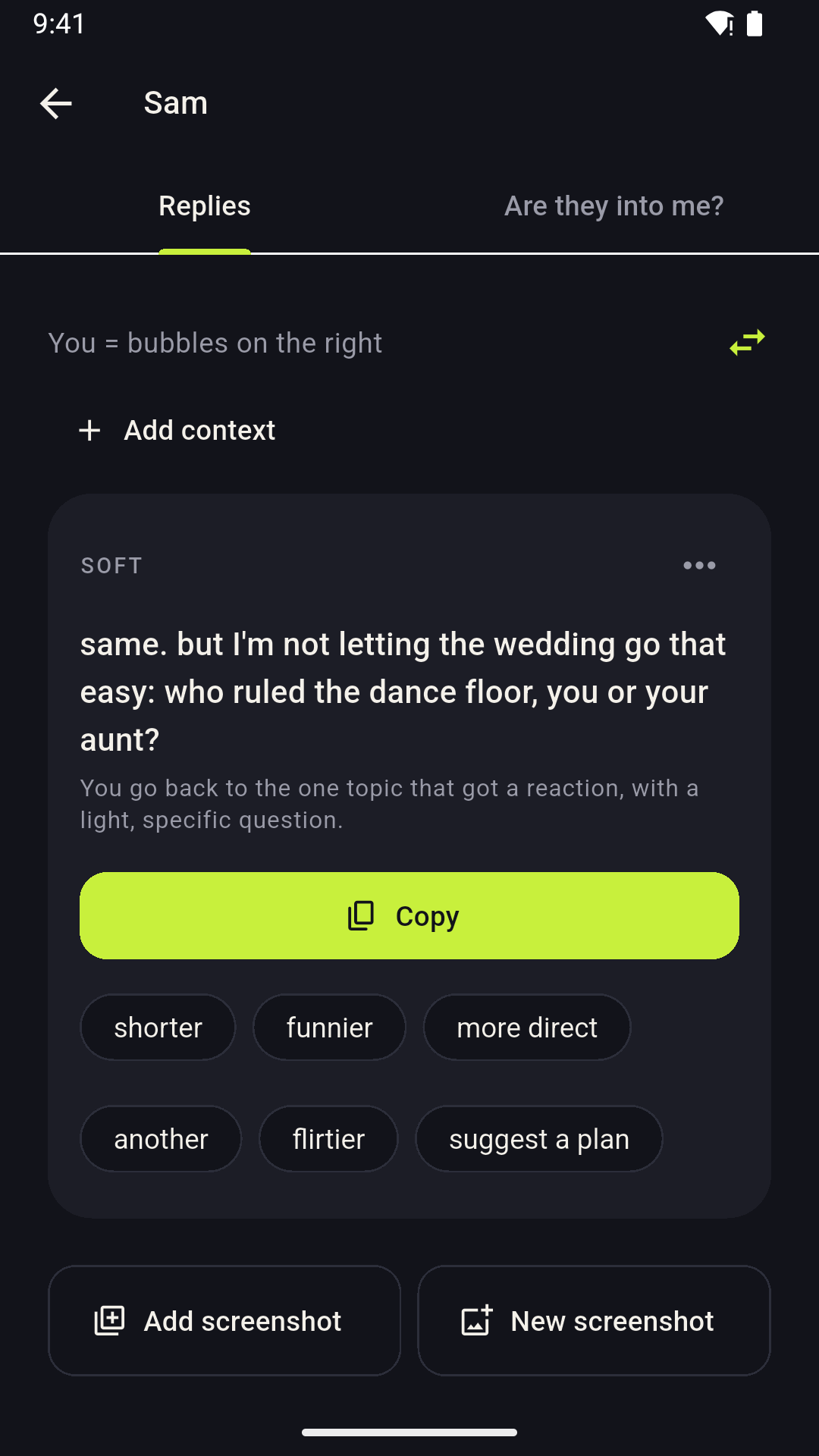 Kenti showing three suggested replies to a chat: soft, normal and bold