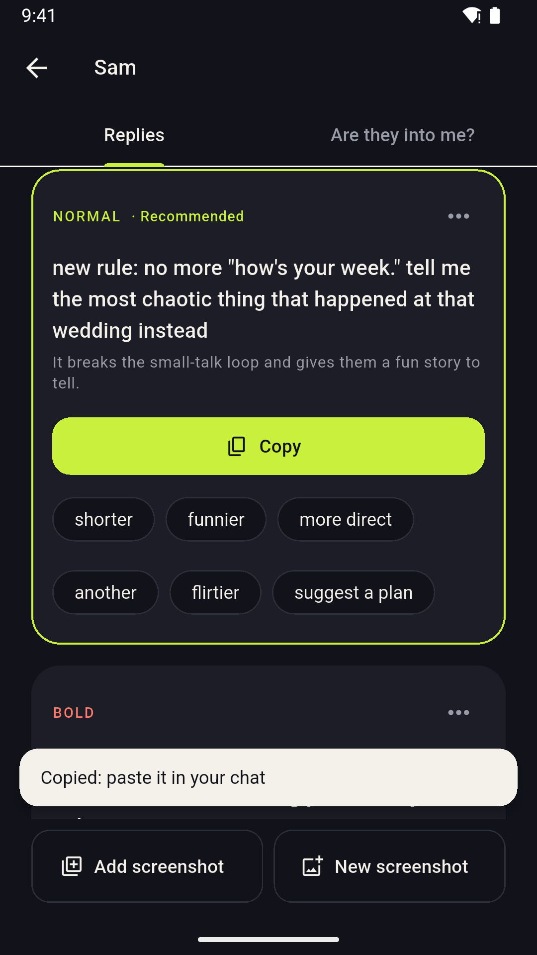 A suggested reply copied to the clipboard