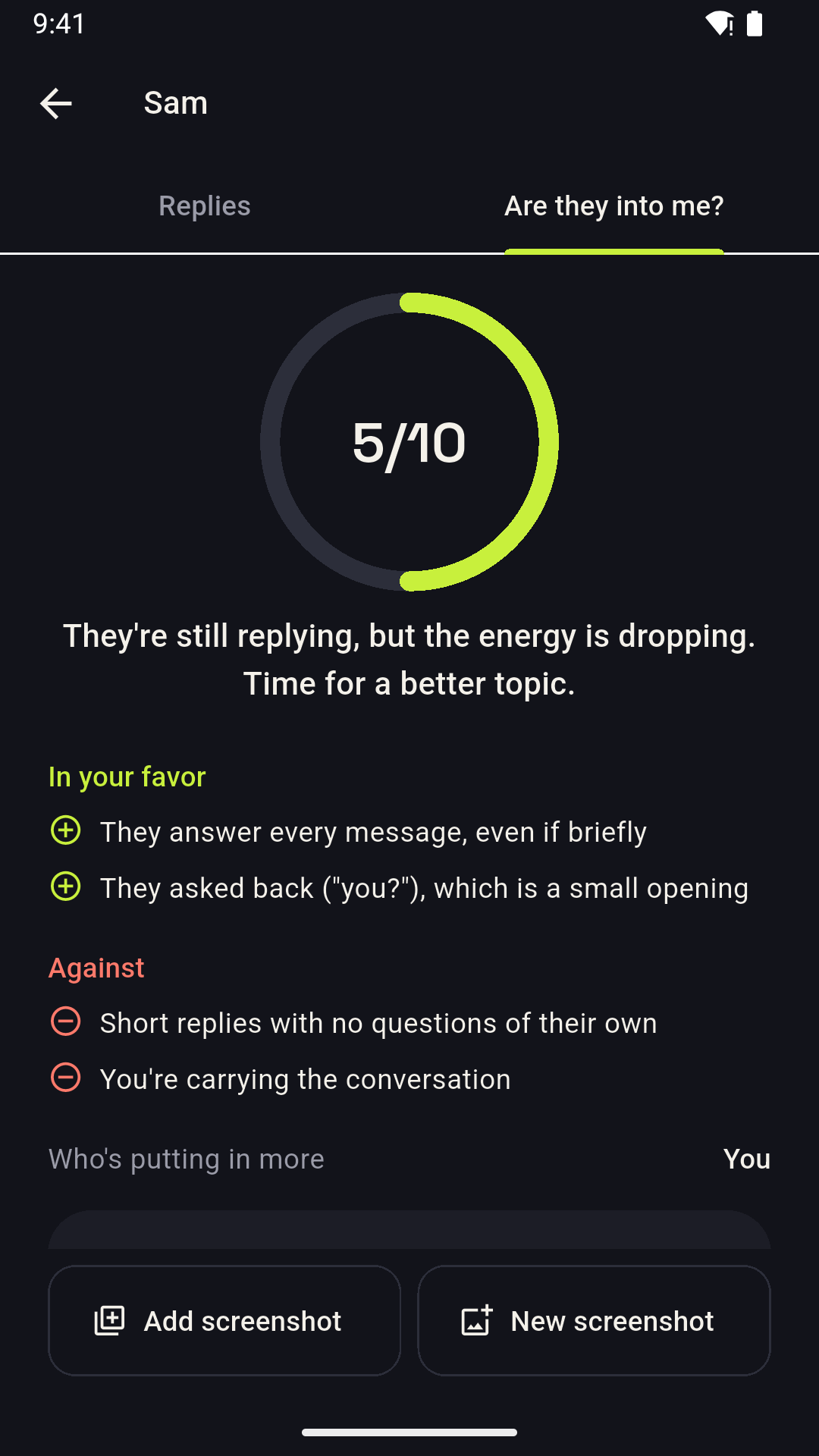 Interest reading of a conversation with a 1 to 10 score