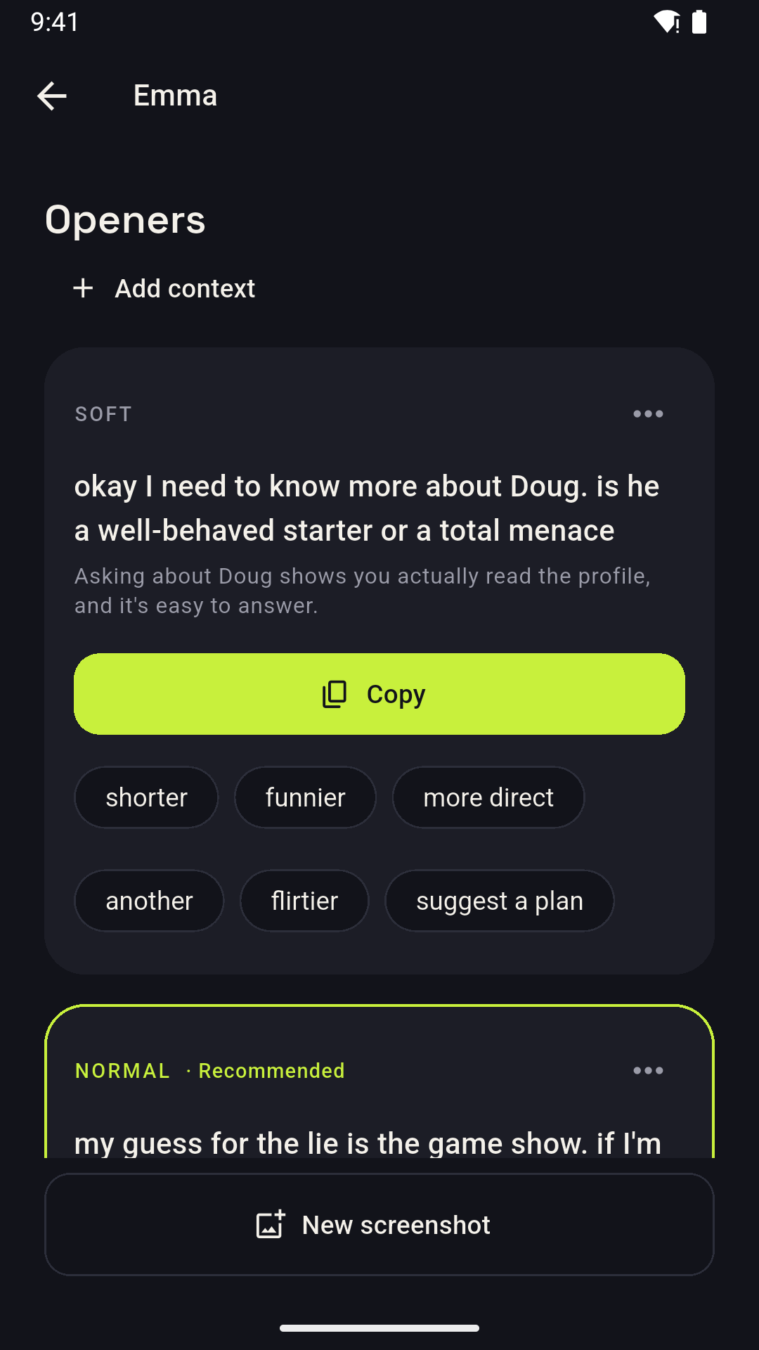 Three openers written from a dating profile